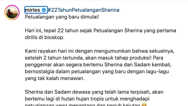 Unggahan Mira Lesmana soal film Petualangan Sherina 2. (Foto: Dok. Instagram @mirles)