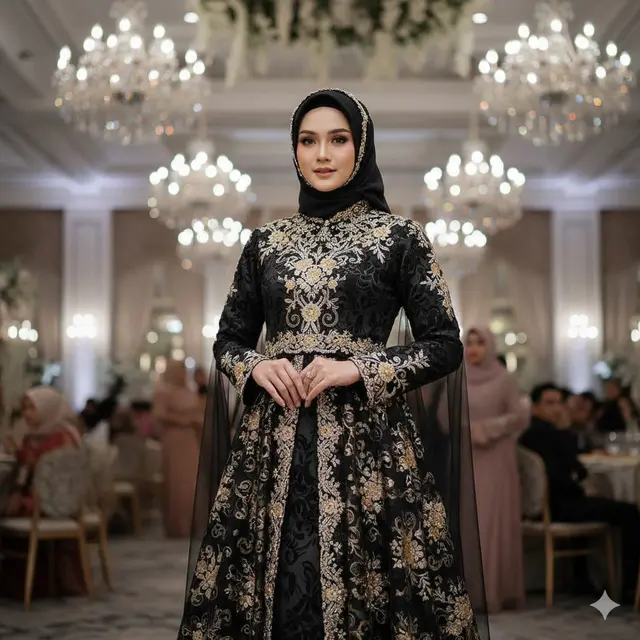 Model Gamis Hitam Bordir Emas Kombinasi Silver (Image by Gemini)