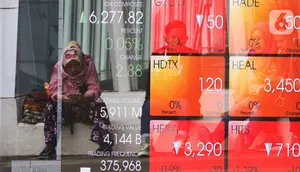 Pejalan kaki duduk di dekat layar pergerakan Indeks Harga Saham Gabungan (IHSG) di kawasan Jakarta, Senin (13/1/2020). IHSG sore ini ditutup di zona hijau pada level 6.296 naik 21,62 poin atau 0,34 persen. (Liputan6.com/Angga Yuniar)