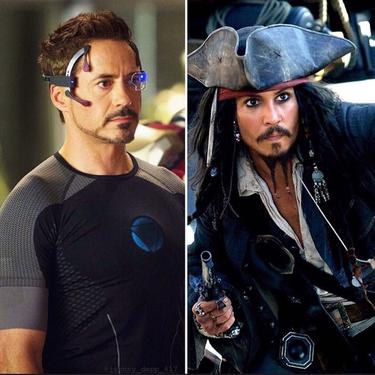 Robert Downey Jr. sebagai Tony Stark dari film Iron Man dan Johnny Depp sebagai Jack Sparrow dari film The Pirates of the Caribbean. (Kolase Foto: Marvel Studios / Disney via Pinterest)