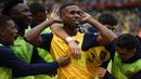 Pada menit ke-75 Ekuador berhasil menyamakan skor 1-1. Gol dicetak oleh Felix Torres melalui tandukan kepala memanfaatkan umpan sepak pojok Gonzalo Plata. (AP/Pool/Santiago Arcos)