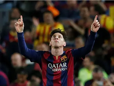 Ekspresi Lionel Messi setelah mencetak gol ke gawang Bayern Muenchen. Barcelona menang 3-0 atas Bayern Muenchen dalam semi final pertama Liga Champions. (Reuters/Albert Gea)