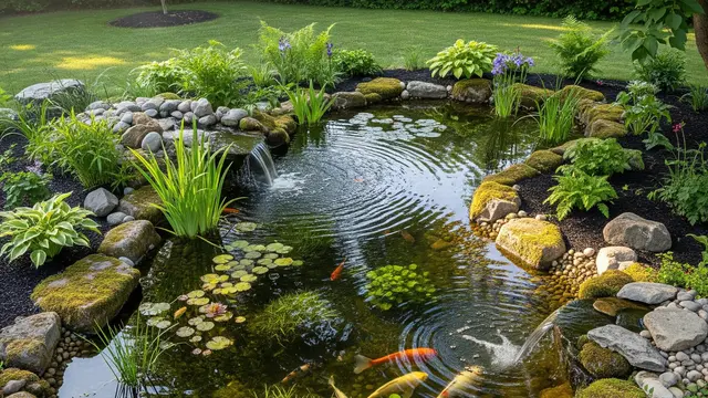 Ide Halaman Belakang Rumah dengan Kolam Ikan Kecil Alami (AI)