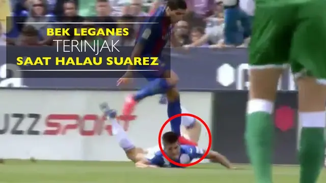 Video bek Leganes, Unai Bustinza, saat coba menghalau striker Barcelona, Luis Suarez, pada Sabtu (17/9/2016).