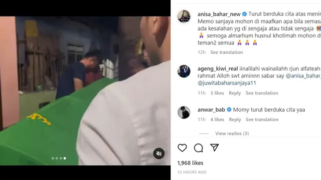 Unggahan Anisa Bahar atas kepergian Memo Sanjaya. (Instagram/ anisa_bahar_new)