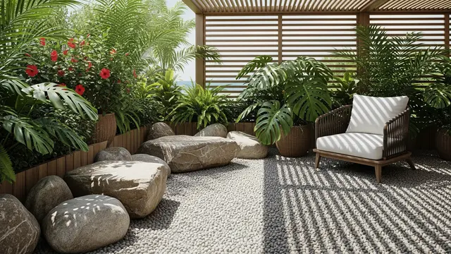 Desain Teras Ala Tropical dengan Batu Kerikil