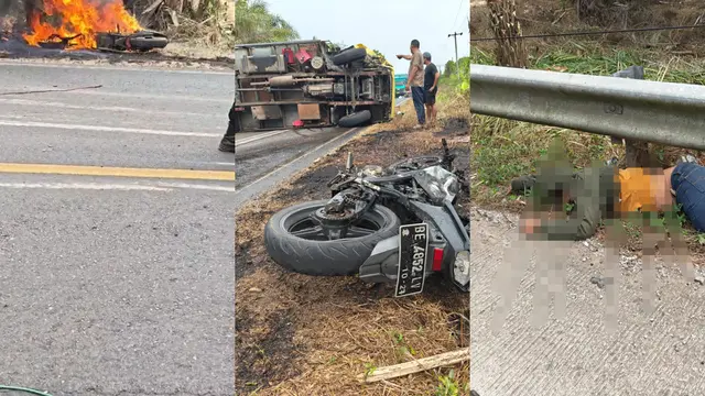Motor Hantam Truk hingga Terpental dan Terbakar di Jalintim Mesuji, Pengendara Tewas
