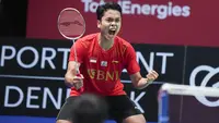Indonesia meloloskan 5 wakilnya di semifinal Turnamen Bulu Tangkis Swiss Open 2022. Dalam laga perempatfinal yang digelar di St Jakobshalle, Jumat (25/3/2022) kelimanya berhasil mengalahkan lawan-lawannya. Hanya Leo Rolly Carnando/Daniel Marthin yang tumbang. (AFP/Ritzau Scanpix/Claus Fisker)