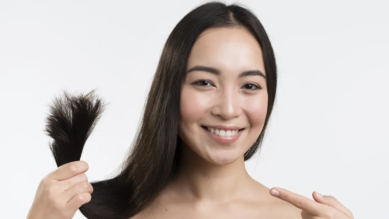 wanita memegang rambut