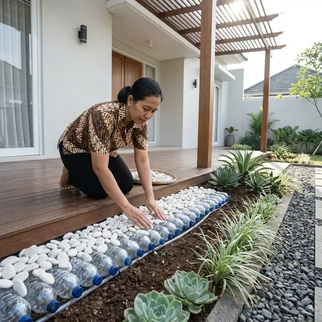 Kamuflase dengan menaruh botol secara mendatar di atas tanah (Gemini AI)