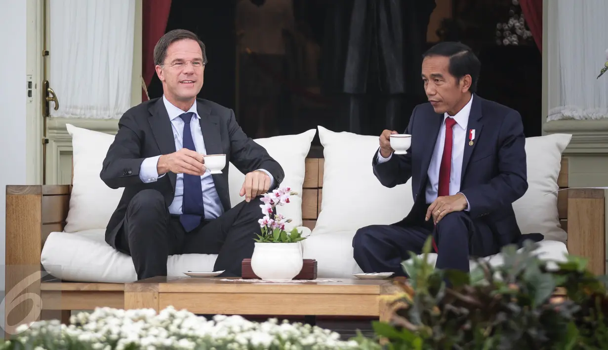Presiden Joko Widodo (Jokowi) dan PM Belanda Mark Rutte melakukan pertemuan sambil minum teh bersama di beranda belakang Istana Merdeka, Jakarta, Rabu (23/11). Jokowi dan PM Belanda melakukan pembicaraan khusus empat mata. (Liputan6.com/Faizal Fanani)