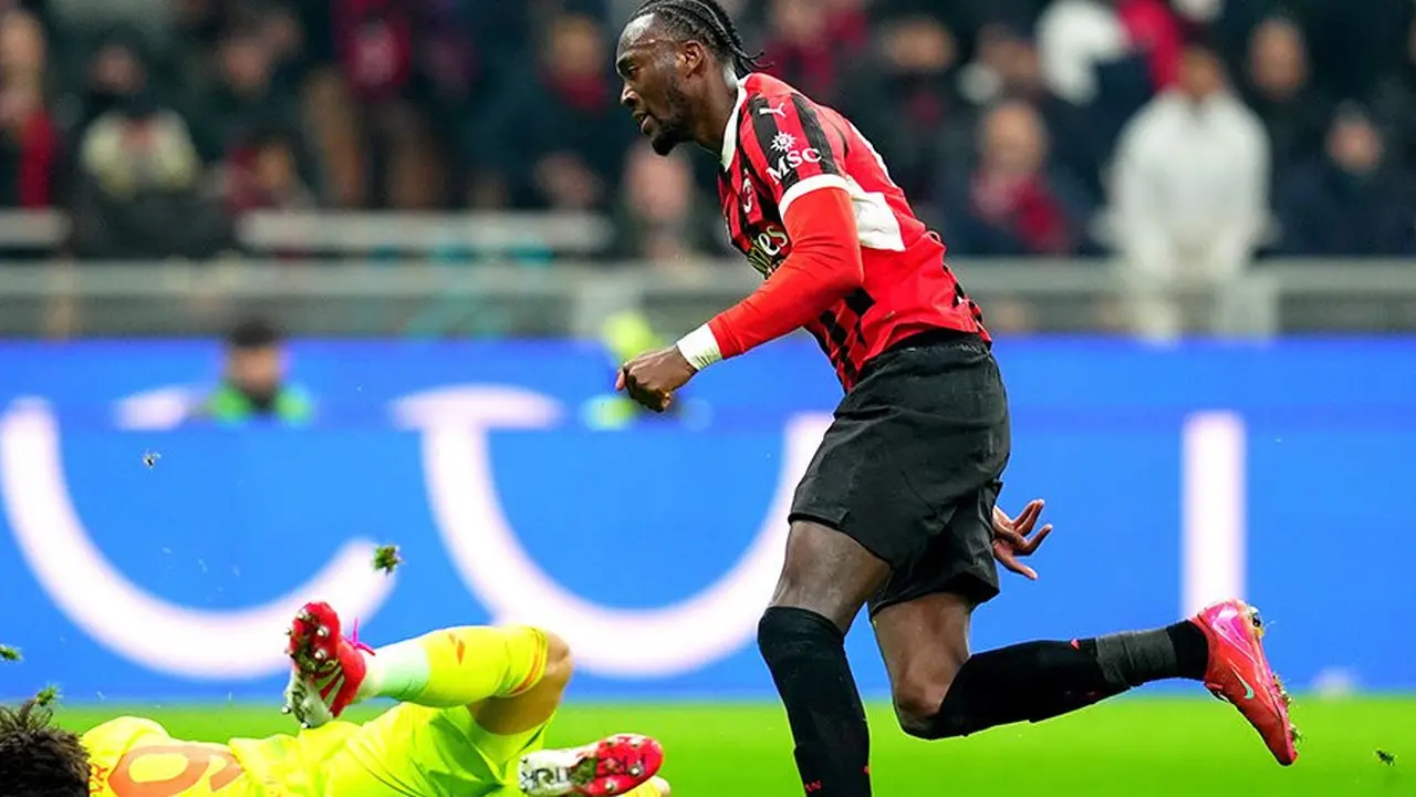 Momen selebrasi Tammy Abraham di laga AC Milan vs AS Roma, Coppa Italia 2024/2025 (c) AP Photo/Antonio Calanni