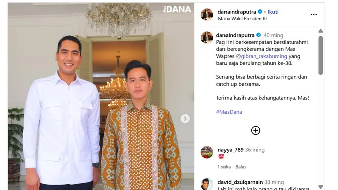 Wapres Gibran Rakabuming Raka foto bersama dengan Staf Khusus Kementerian ESDM Muhammad Pradana Indraputra. (Foto: tangkapan layar @danaindraputra)