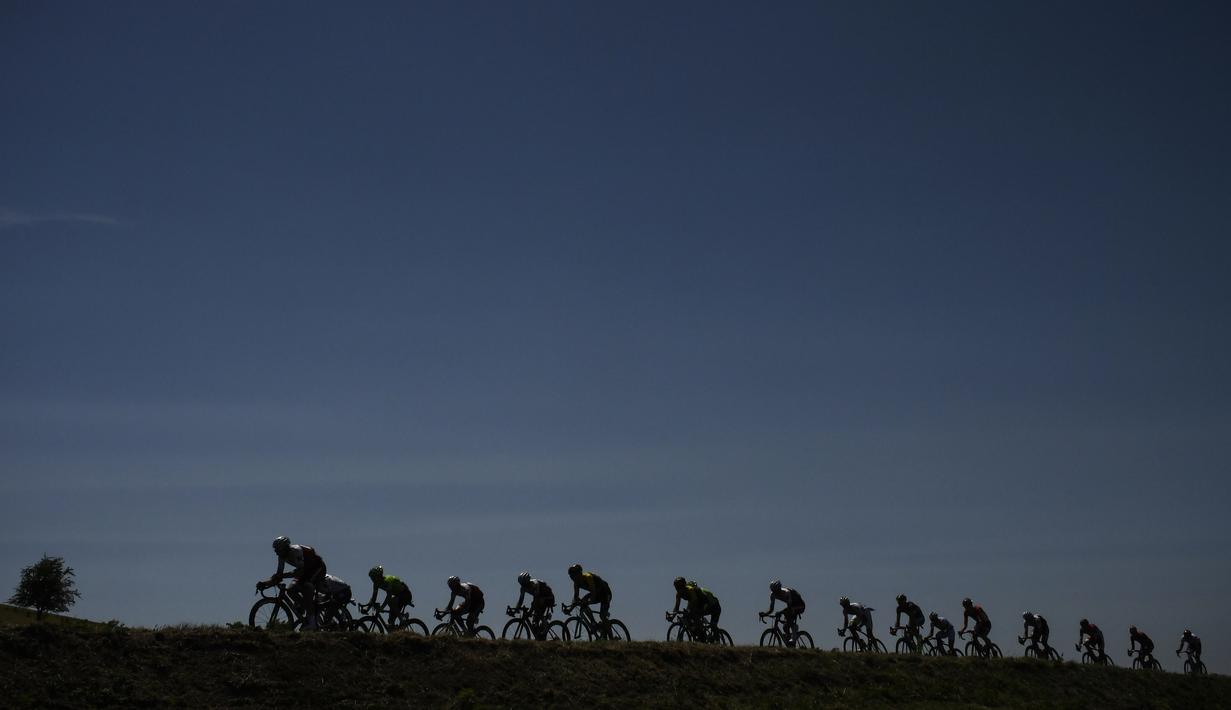 Deretan pebalap melintasi ladang pada etape ke-16  Tour de France dengan jarak 165 km dari Le Puy-en-Velay dan Romans-sur-Isere, (18/7/2017).  (AFP/Jeff Pachoud)