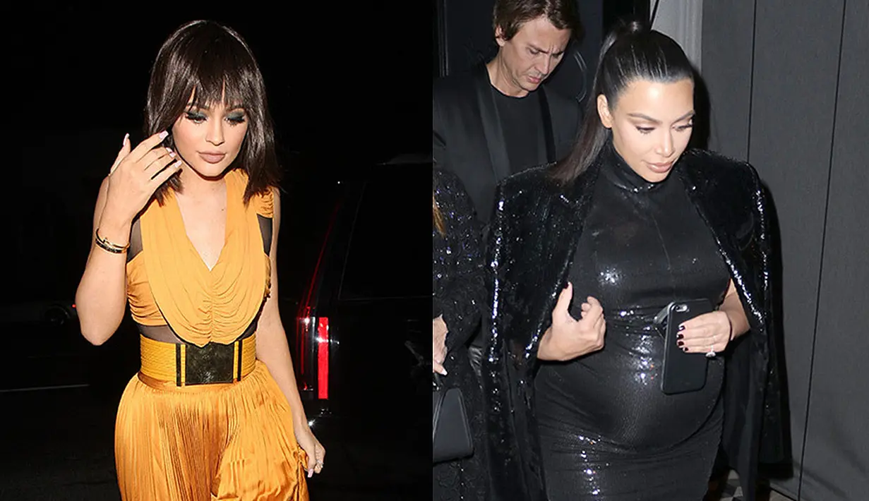 Kim Kardashian dan Kylie Jenner hadiri ulang tahun Kendall Jenner dengan gaya yang berbeda. (Splash News)