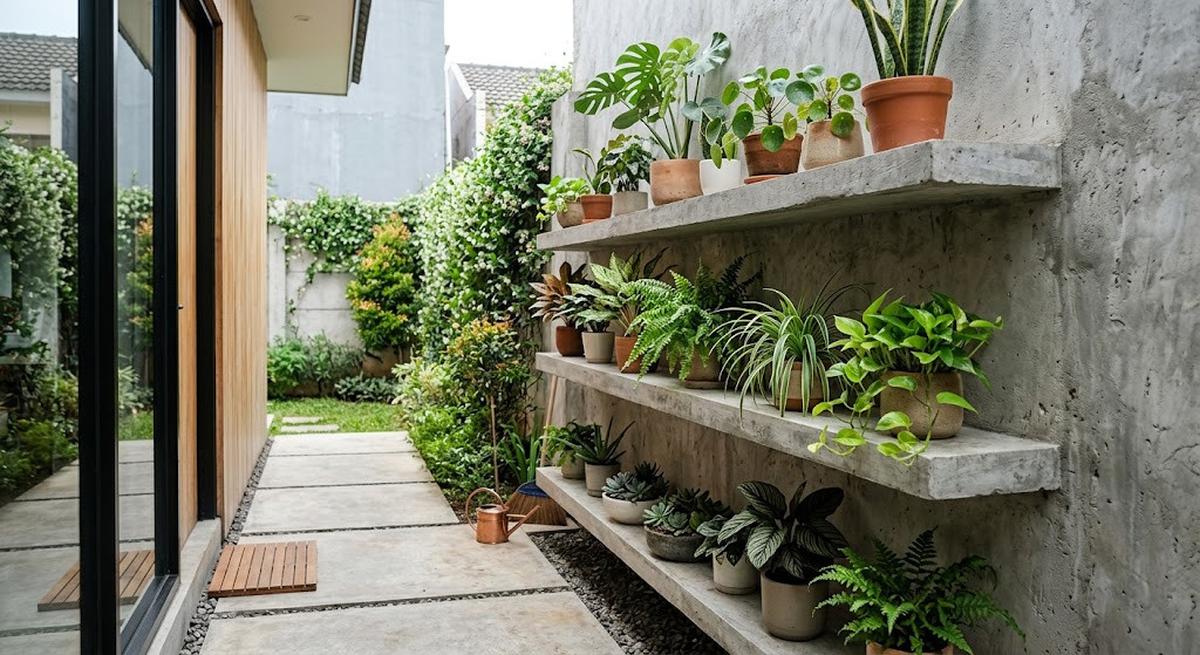 9 Desain Rak Tanaman Permanen dari Beton di Sisi Rumah, Solusi Lahan Sempit