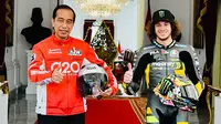 Setelah obrolan santai dengan para pembalap dan perwakilan Dorna, acara dilanjutkan dengan sesi foto. Tampak Presiden Jokowi berfoto dengan Marco Bezzecchi, pembalap MotoGP dari tim Mooney VR46 Racing Team. (Biro Pers Sekretariat Presiden/Laily Rachev)