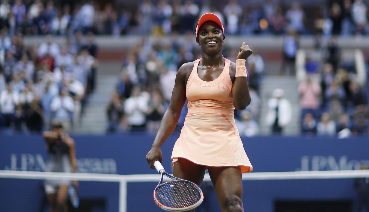 Ekspresi Sloane Stephens setelah menang atas Madison Keys pada final AS Terbuka 2017  di Arthur Ashe Stadium, New York, (9/9/2017). Stephens menang atas Madison Keys 6-3, 6-0. (AP/Andres Kudacki)
