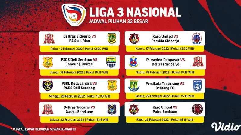 Saksikan Streaming Liga 3 Nasional Babak 32 Besar Tayang di Vidio