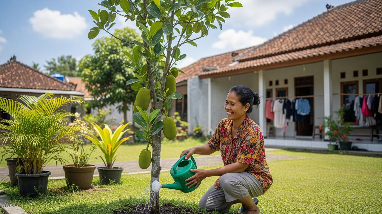 Menyiram pohon nangka