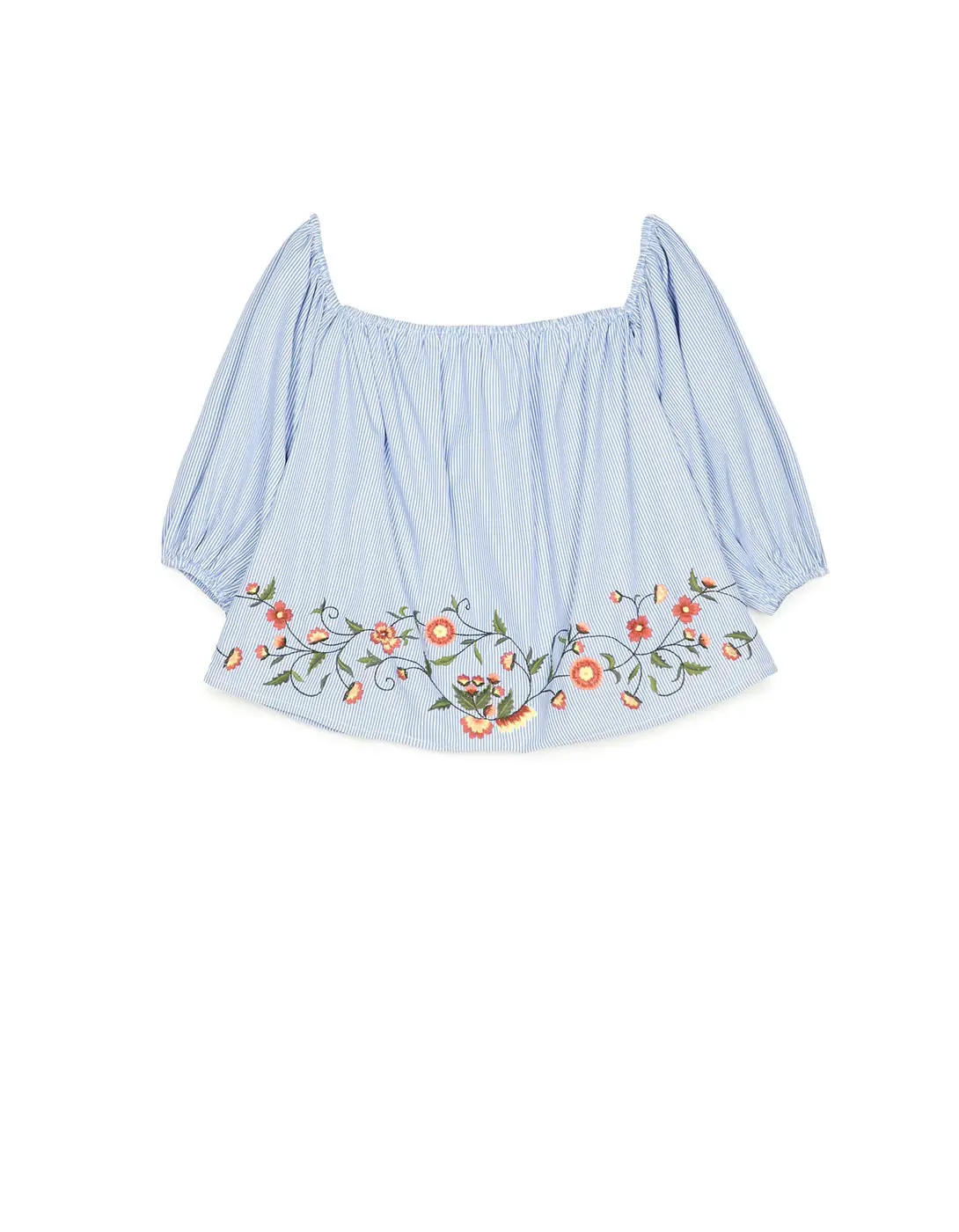 Off-the-shoulder top with embroidered hem.