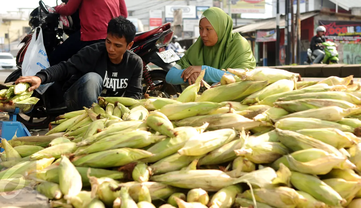 Seorang pedagang jagung melayani pembeli di Jalan Raya Bogor, Bogor, Kamis (31/12/2015). Jelang malam pergantian tahun 2016, sejumlah pedagang jagung musiman menggelar dagangannya di sepanjang Jalan Raya Bogor. (Liputan6.com/Helmi Fithriansyah)