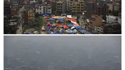 Gambar kombinasi menunjukkan tempat penampungan sementara setelah gempa bumi, 28 April 2015 (atas) dan lokasi yang sama di Kathmandu pada 17 Februari 2016. Gempa pada April dan Mei 2015 menewaskan lebih dari 8.000 orang di Nepal (REUTERS/Navesh Chitrakar)