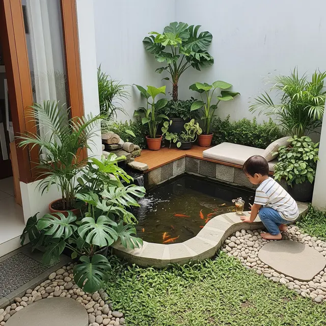 9 Ide Taman Minimalis dengan Kolam Ikan Kecil Ramah Anak, Estetik dan Aman