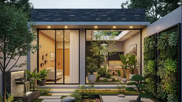 Desain Rumah Kecil 8x15 m dengan Konsep Tropis Modern yang Asri (Image by Gemini AI)