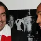 Robert Pires (kiri) berdampingan dengan mantan bintang Arsenal lainnya, Thierry Henry, pada malam peresmian patung perunggu Henry di luar Emirates Stadium, London.