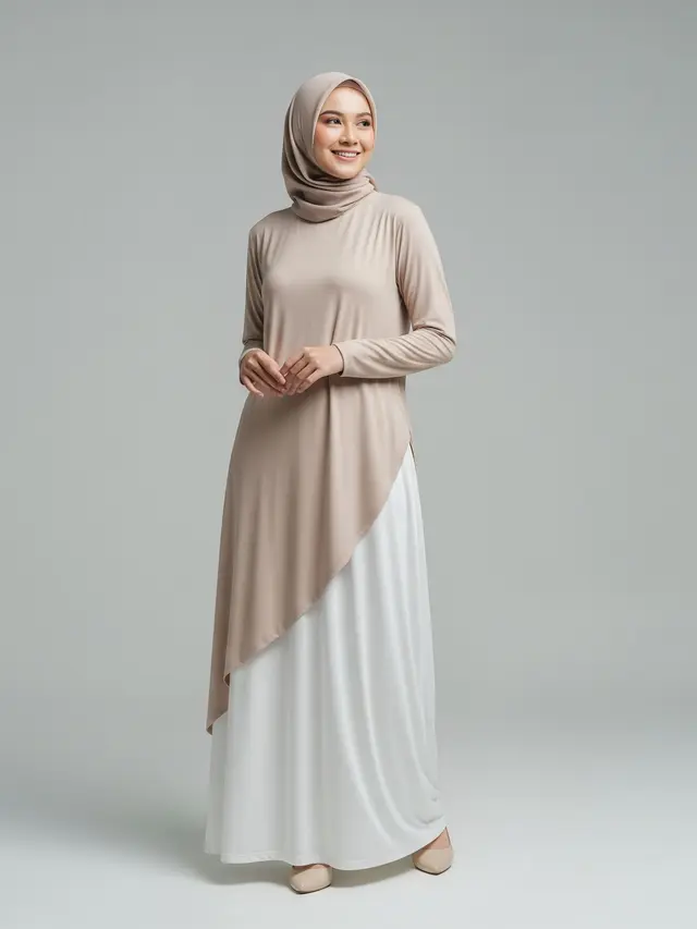 Model Gamis Beige & Putih Minimalis untuk Ramadan 2026 Jersey Siluet Jatuh