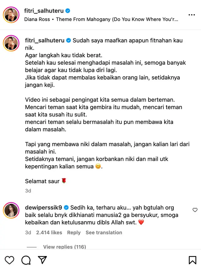 Unggahan Fitri Salhuteru. (Foto: Dok. Instagram @fitri_salhuteru)