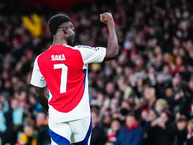 Bukayo Saka jadi bintang kemengan Arsenal saat menjamu AS Monaco pada laga Liga Champions di Stadion Emirates, Kamis (12/12/2024). (AP Photo/Dave Shopland)
