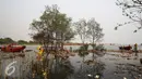 Petugas Dinas Kebersihan membersihkan sampah di pesisir Muara Angke, Jakarta, Kamis (29/10). Petugas menggunakan perahu untuk membersihkan sampah dari kawasan Muara Baru hingga Pantai Indah Kapuk. (Liputan6.com/Faizal Fanani)