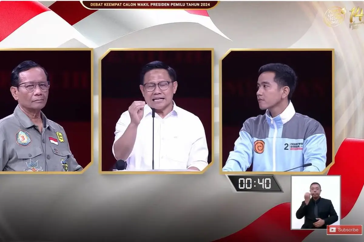 Ketiga Calon Wakil Presiden (Cawapres) yaitu Muhaimin Iskandar, Gibran Rakabuming Raka, dan Mahfud Md saat debat cawapres Pilpres 2024 yang digelar di JCC Senayan, Jakarta, Minggu (21/1/2024).