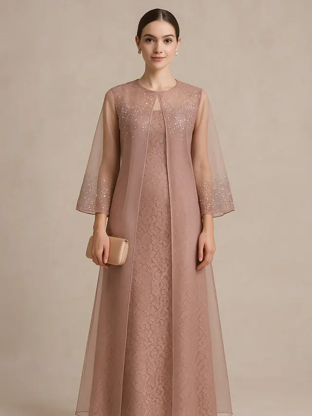 Model Long Dress Brokat Kombinasi Outer Organza Transparan