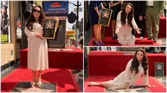 Foto kolase saat penyanyi sekaligus aktris Sarah Brightman menerima penghargaan bintang Hollywood Walk of Fame di Los Angeles, California, Amerika Serikat, 6 Oktober 2022. (AP Photo/Chris Pizzello)