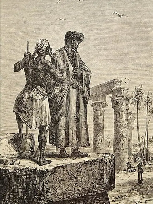 Ibnu Batutah (kanan) di Mesir, ilustrasi karya Léon Benett dalam sebuah buku yang terbit pada 1878. (Foto: Wikimedia Commons)