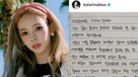 Lewat tulisan tangan Karina aespa mengungkapkan permintaan maaf karena telah mengecewakan penggemar. Hal ini ia sampaikan setelah hubungan asmaranya dengan Lee Jae Wook terungkap. (Foto Instagram katarinabluu)
