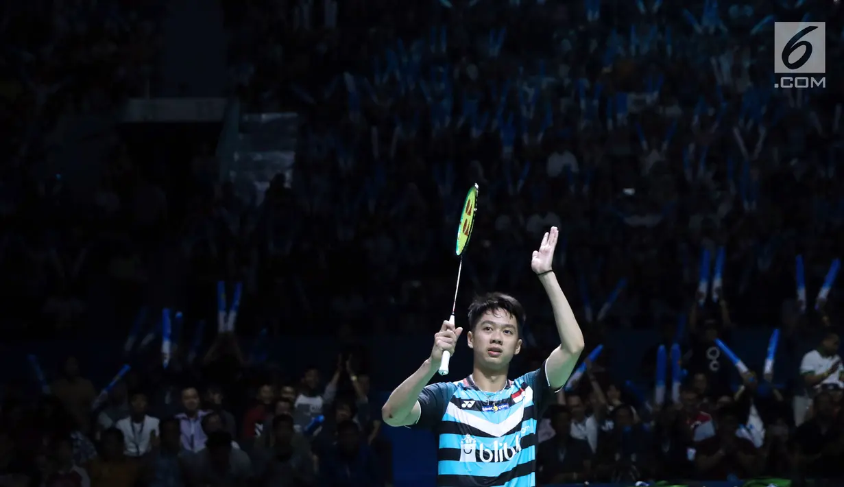 Ganda putra Indonesia, Kevin Sanjaya Sukomuljo merayakan kemenangan usai melawan Fajar Alfian/M Rian Ardianto pada semifinal Indonesia Open 2018, Istora GBK, Jakarta, Sabtu (7/7). Fajar/Rian kalah 13-21, 10-21. (Liputan6.com/Helmi Fithriansyah)