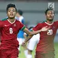 Pemain Timnas Indonesia U-16, Brylian N Dwiki Aldama melakukan selebrasi usai mencetak gol ke gawang Singapura U-16 saat laga persahabatan di Stadion Wibawa Mukti, Kab Bekasi, Kamis (8/6). Indonesia U-16 menang telak 4-0. (Liputan6.com/Helmi Fithriansyah)