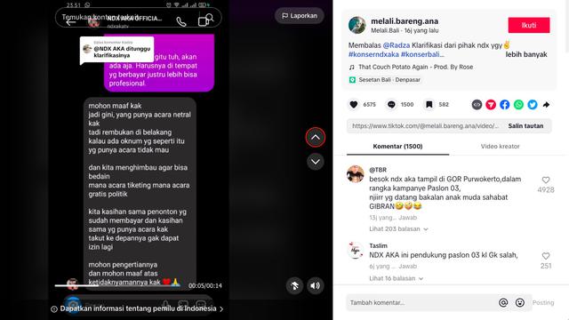 NDX AKA Klarifikasi Usai Hentikan Konser Saat Ada Penonton yang Teriakkan Nama Salah Satu Capres. (TikTok @melali.bareng.ana)