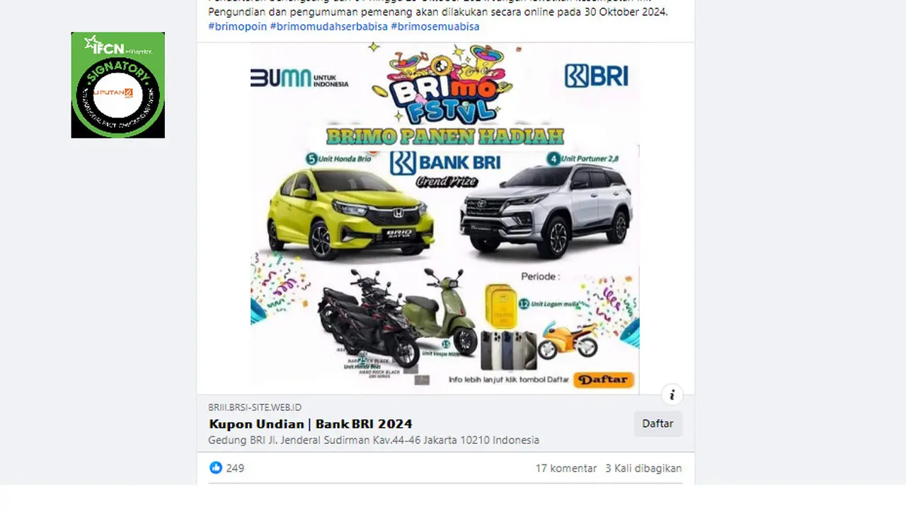 Tangkapan layar  klaim link pendaftaran BRImo FSTVL panen hadiah hingga 29 Oktober 2024.