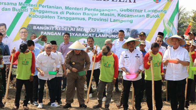 Bertekad Kurangi Impor, Mentan SYL Bersama Mendag Kompak Tanam Kedelai di Tanggamus