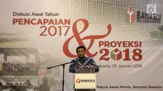 Ketua Badan Pengawas Pemilihan Umum (Bawaslu) Abhan memberi sambutan dalam acara diskusi awal tahun bertajuk "Pencapaian 2017 dan Proyeksi 2018" di Jakarta, Kamis (25/1). Pada Pilkada 2017, ditemukan 2.347 pelanggaran. (Liputan6.com/Faizal Fanani)