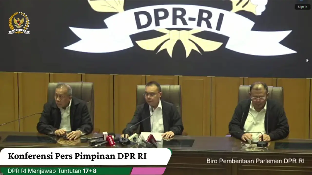 Wakil Ketua DPR RI, Sufmi Dasco Ahmad (tengah) dalam keterangan pers bersama pimpinan DPR lainnya merespons tuntutan 17+8 pada Jumat (5/9/2025) (Istimewa)