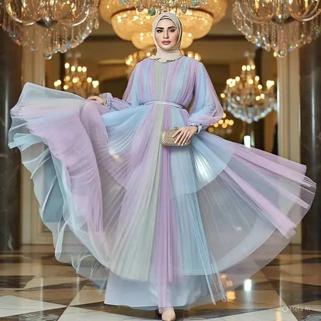 Potret Gaun Pesta Modern Model Tulle Layered dengan Warna Pastel/Via Meta AI