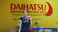 Aksi tunggal putri Indonesia, Gregoria Mariska, pada 16 Besar Indonesia Masters 2025 di Istora Senayan, Kamis (23/1/2025). (Bola.com/Abdul Azis)