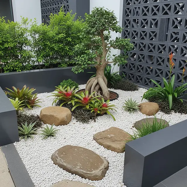 Inspirasi Taman Kering Depan Rumah dengan Kombinasi Roster dan Tanaman Tropis (Image by Gemini AI)