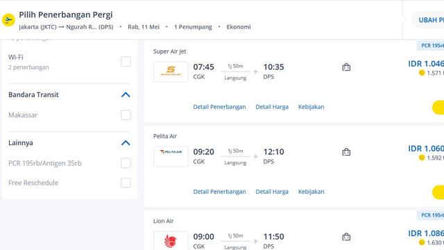 Tangkapan layar laman tiket.com berisi harga tiket maskapai Pelita Air.